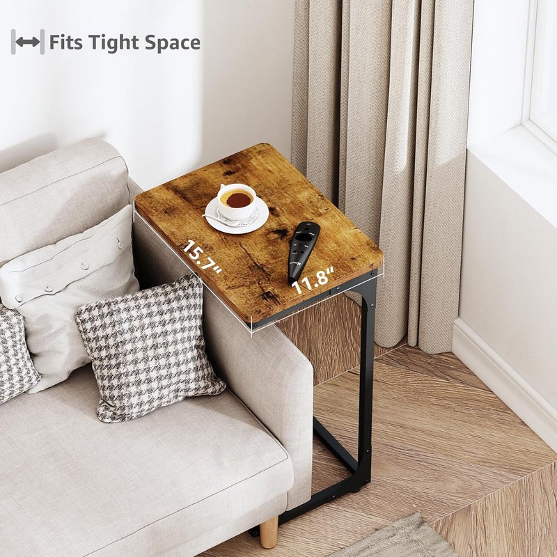 QEEIG C Shaped Side Table Set of 2 Living Room Sets Couch Tray Tables Small Farmhouse 15.7 inch Width, Rustic Brown (017-40BN) - Image 4